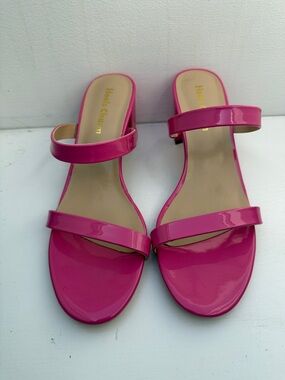 Patent Double-Strap Slide Sandals in Bright Pink